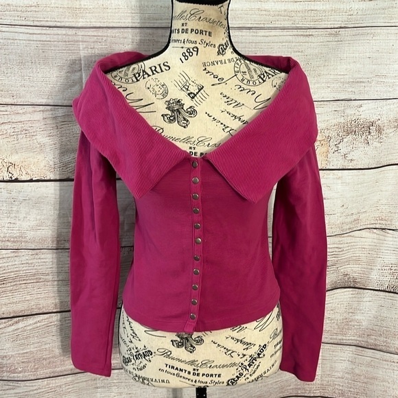 Anthropologie Maeve Off Shoulder Top Ribbed Collared Snap Front Long Sleeves XS - Picture 2 of 11